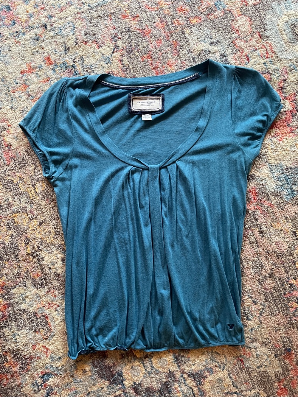 American Eagle Outfitters Teal Short-Sleeve Pleated Scoop Neck Top